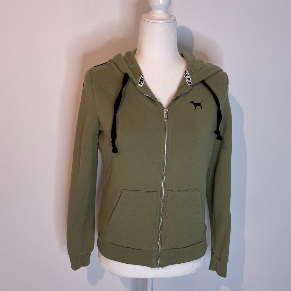 PINK Zip Front Hoodie Olive Green size XS